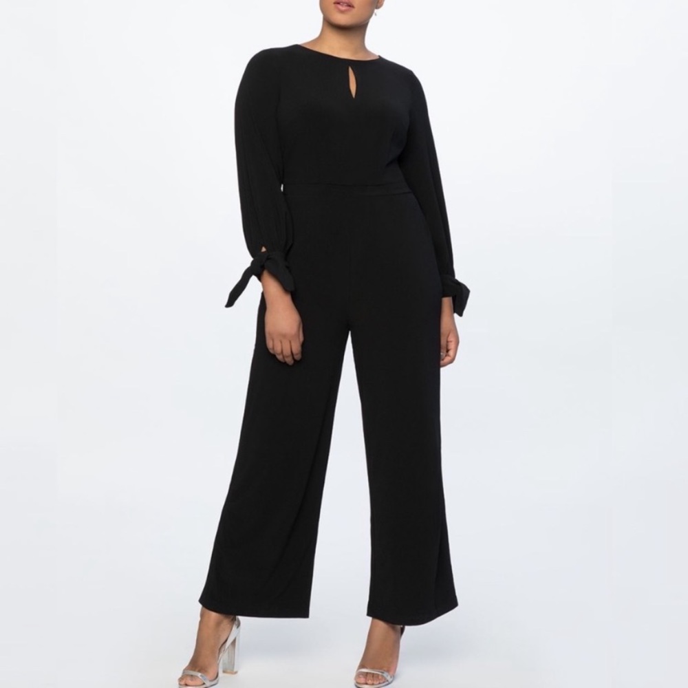 ELOQUII Keyhole Tie Sleeve Flare Leg Black Jumpsuit
